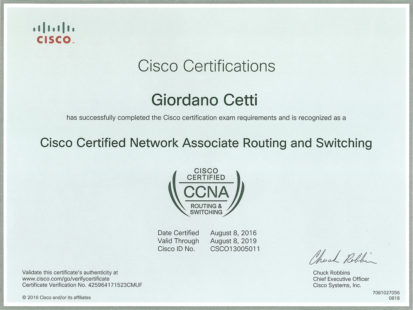 Cisco CCNA 2016 — attestato originale