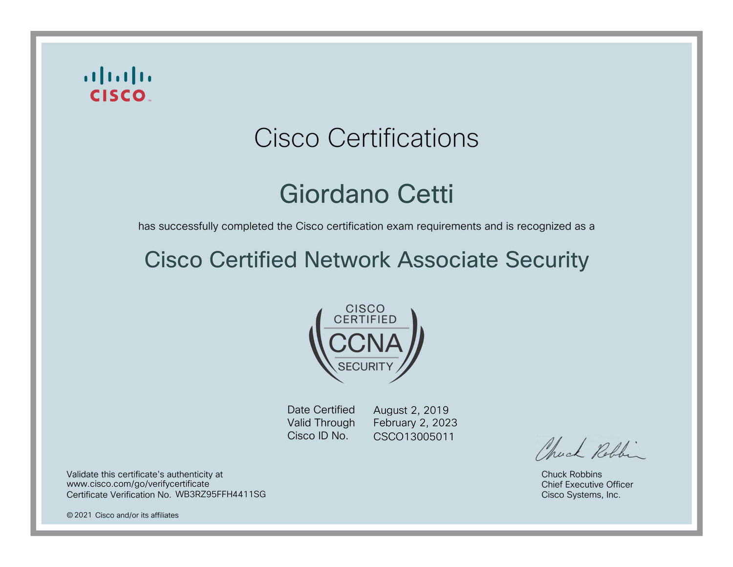 Cisco CCNA Security 2019 — attestato originale