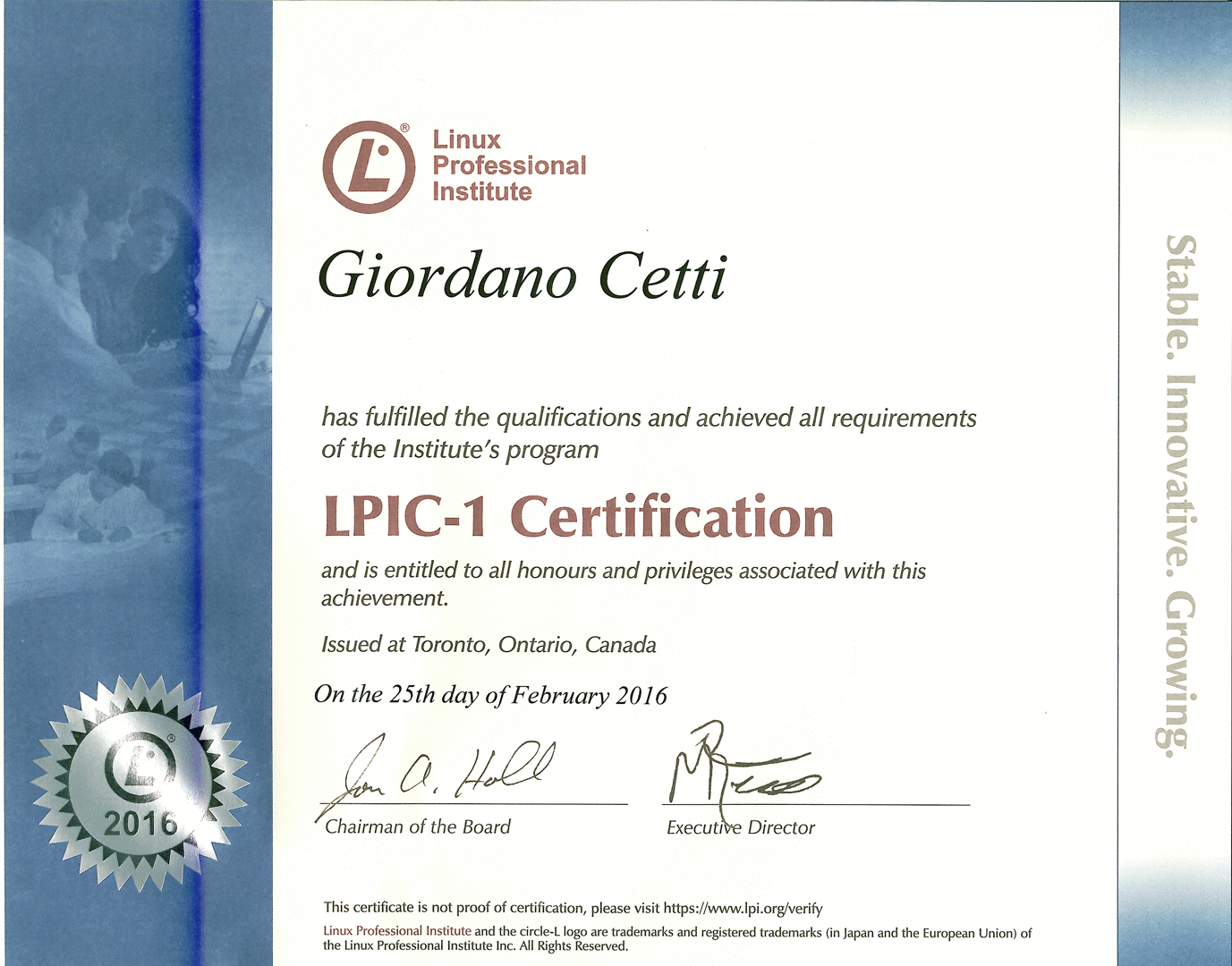 LPIC-1 2016 — attestato originale