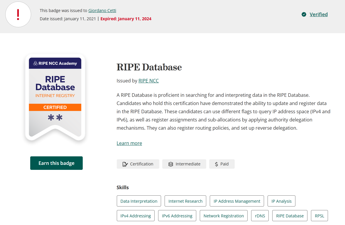 RIPE Database Associate 2021 — attestato originale