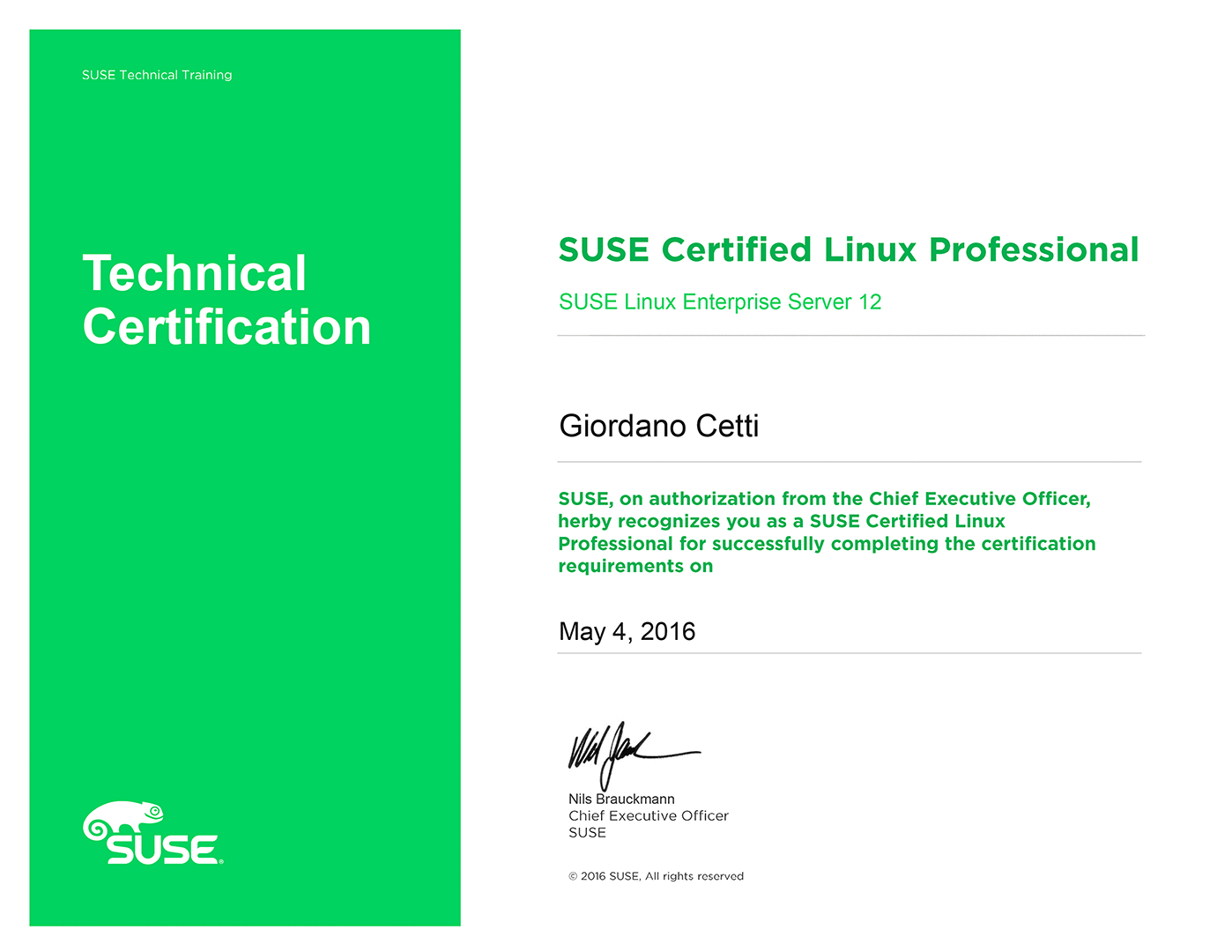 SUSE Certified Linux Professional — attestato originale